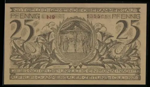 Notgeld Oberammergau 1921, 25 Pfennig, Kreuzigungsszene und Ortsansicht mit zwei Figuren