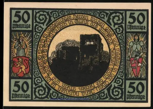 Notgeld Lobeda 1921, 50 Pfennig, Ruine der Lobdeburg und Brücke über die Saale