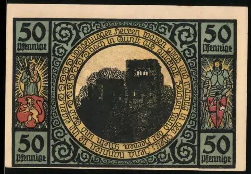 Notgeld Lobeda 1921, 50 Pfennig, Ruine der Lobdeburg und Landschaft mit Ritter und Wappen