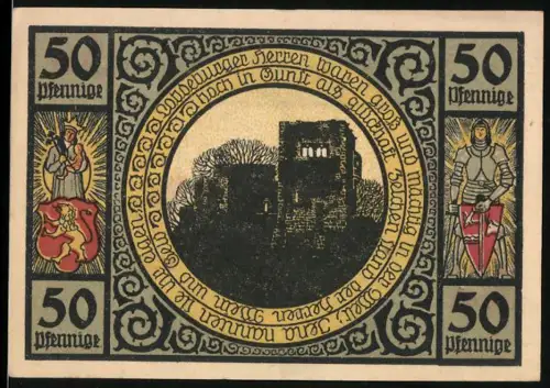 Notgeld Lobeda 1921, 50 Pfennig, Ruine der Lobdeburg und Ansicht der Ortschaft
