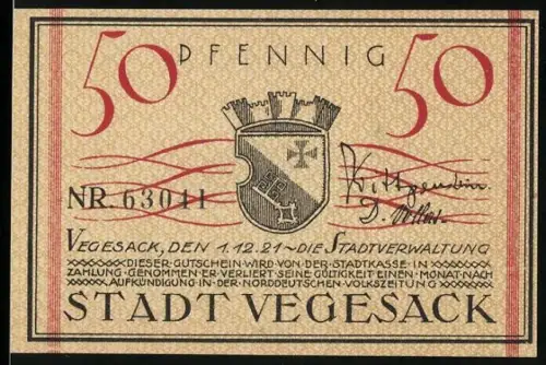 Notgeld Vegesack 1921, 50 Pfennig, Stadtwappen und Kirchenmotiv