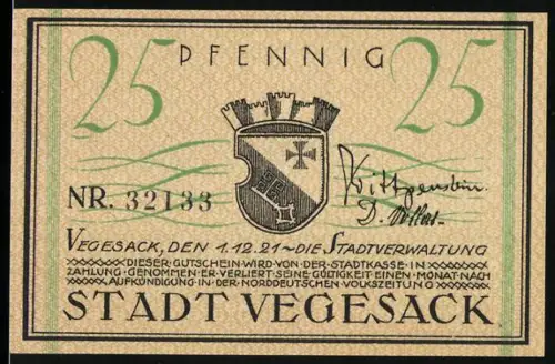 Notgeld Vegesack 1921, 25 Pfennig, Wappen und Raddampfer Weser von 1817