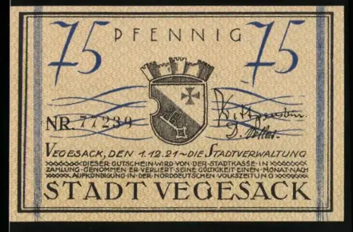 Notgeld Vegesack 1921, 75 Pfennig, Stadtwappen und Dampfschiff vor Vegesacker Bergen