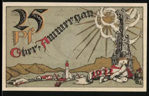 Notgeld Oberammergau 1921, 25 Pf., Landschaft mit Kirche und Skulptur, stilisierte Schriftzüge