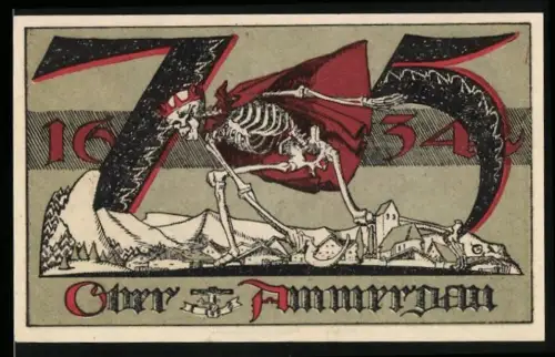 Notgeld Oberammergau 1921, 75 Pf, Skelett mit Krone und Ortsansicht mit Bergpanorama