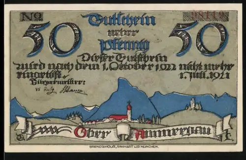 Notgeld Oberammergau 1921, 50 Pfennig, Landschaft mit Kirche und allegorische Figuren