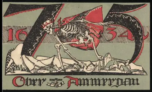 Notgeld Oberammergau 1921, 75 Pf., Skelett mit Krone und Sense über Ortschaft