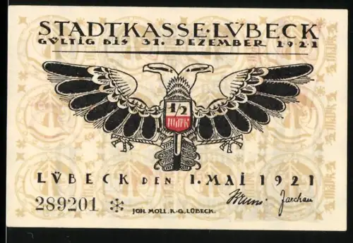 Notgeld Lübeck 1921, 50 Pf, Doppelköpfiger Adler und Gebäude-Silhouette