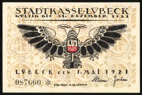Notgeld Lübeck 1921, 50 Pfennig, Adler mit Wappen und Ortsansicht mit gotischen Türmen