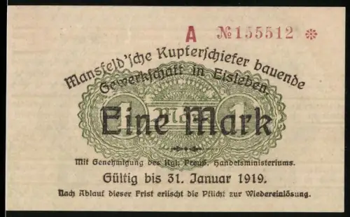 Notgeld Eisleben 1919, 1 Mark, grünes Ornamentdesign mit Schriftzug und Muster