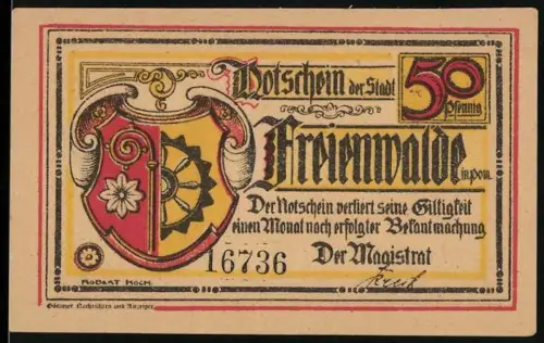 Notgeld Freienwalde i. Pom., 50 Pfennig, Wappen und Verleihung des Stadtrechts 1338