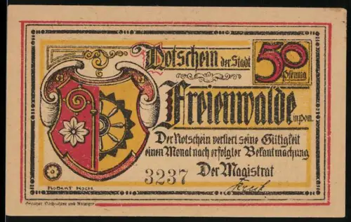 Notgeld Freienwalde i. Pom., 50 Pfennig, Wappen und Organisierung dser Schützengilde 1673