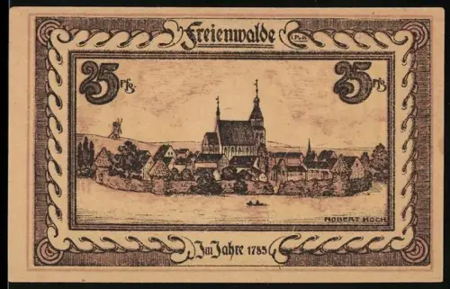 Notgeld Freienwalde i. Pom., 25 Pf., Ortsansicht und Frauenportrait mit Waldhintergrund