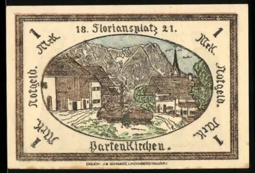 Notgeld Partenkirchen 1921, 1 Mark, Ortsansicht mit Bergen und Kirche, Trachtenpaar mit Kirchenmotiv