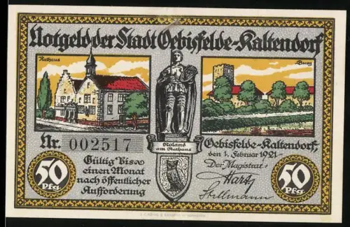 Notgeld Oebisfelde-Kaltendorf 1921, 50 Pfennig, Rathaus und Roland-Statue mit Burgansicht