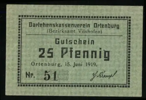 Notgeld Ortenburg /Vilshofen 1919, 25 Pfennig, Textmotiv Gutschein Darlehenskassenverein Ortenburg