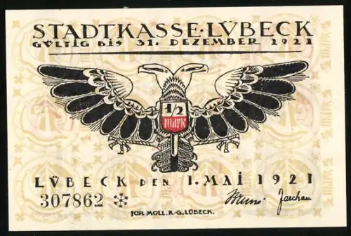 Notgeld Lübeck 1921, 50 Pfennig, Adler und gotische Schrift mit Ortsansicht