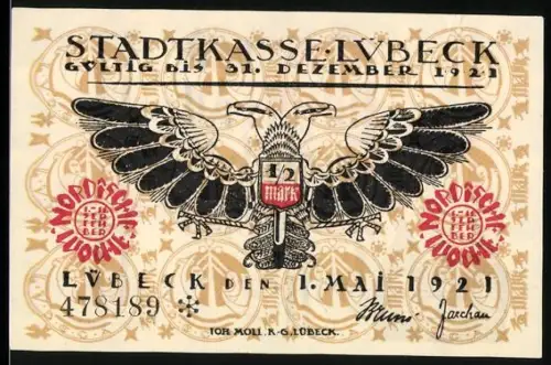 Notgeld Lübeck 1921, 50 Pfennig, Doppeladler und gotische Schrift mit Gebäudeabbildung