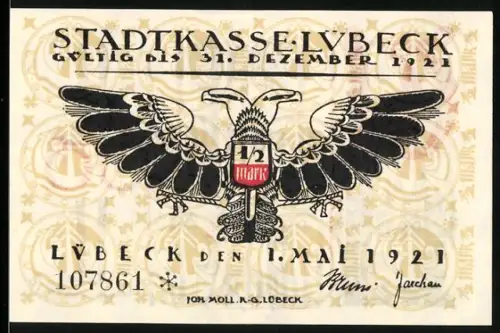 Notgeld Lübeck 1921, 50 Pfennig, Doppelköpfiger Adler und gotische Schrift mit Architekturmotiv