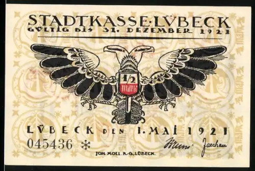 Notgeld Lübeck 1921, 50 Pfennig, Adler mit Wappen und Stadtsilhouette mit Türmen