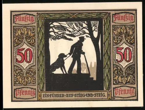 Notgeld Oldenburg i. O. 1921, 50 Pfennig, Blindenhund mit Kriegsblindem, Rotes Kreuz