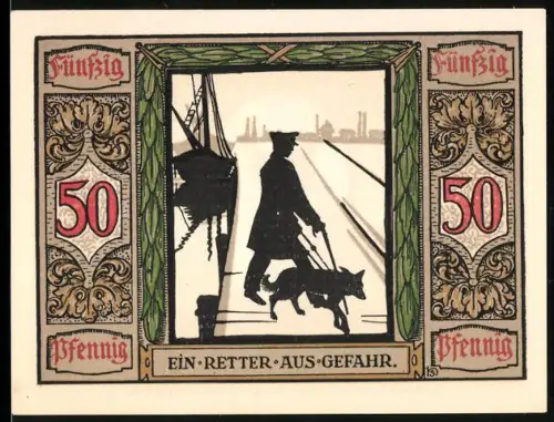 Notgeld Oldenburg i. O. 1921, 50 Pfennig, Blindenhund mit Kriegsblindem, Rotes Kreuz