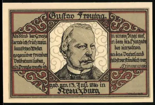 Notgeld Kreuzburg i. Oberschlesien, 1 Mark, Porträt von Gustav Freytag und Stadtwappen mit Burgmotiv