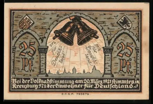Notgeld Kreuzburg i. Oberschlesien 1921, 25 Pf, Glocken und Stadtwappen mit dekorativem Rahmen