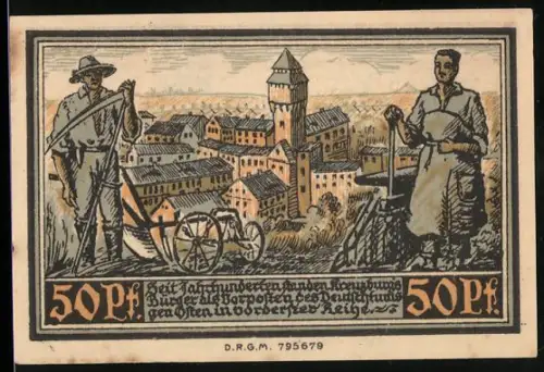 Notgeld Kreuzburg i. Oberschlesien 1921, 50 Pf, Bauern mit Sense und Stadtszene, Wappen mit Burg