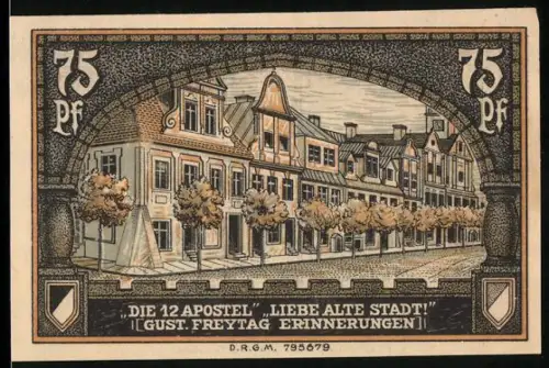 Notgeld Kreuzburg i. Oberschlesien 1921, 75 Pf, Häuserzeile Die 12 Apostel und Wappen