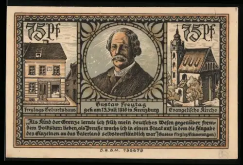 Notgeld Kreuzburg i. Oberschlesien 1921, 75 Pf, Gustav Freytag, Geburtshaus, evangelische Kirche, Stadtwappen