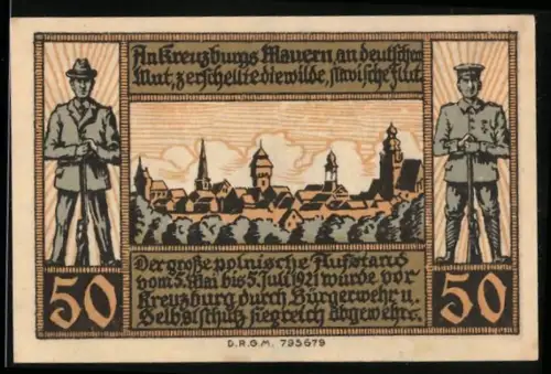 Notgeld Kreuzburg i. Oberschlesien 1921, 50 Pf, Ortsansicht und Soldaten mit Wappen