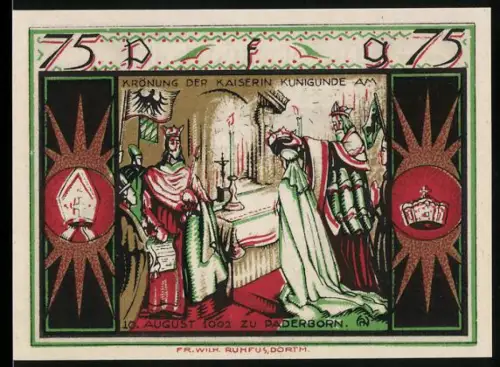 Notgeld Paderborn 1921, 75 Pfennig, Krönung der Kaiserin Kunigunde, Karl d. Grosse und Heinrich II
