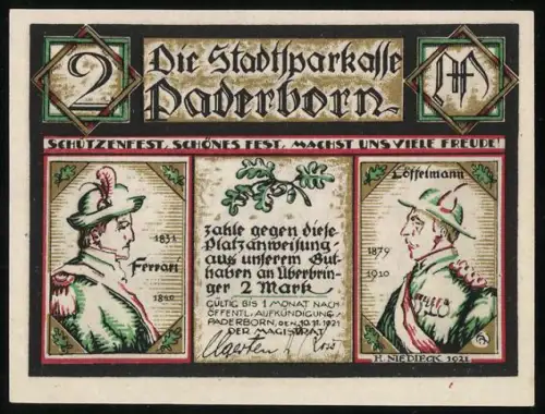 Notgeld Paderborn 1921, 2 Mark, Schützenfest-Szenen mit Ferrari und Löffelmann, Auffahrt der Königin