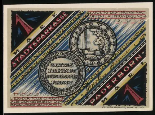 Notgeld Paderborn in Westf. 1921, 1 Mark, Raub des Domschatzes mit Rittern und Reliquien
