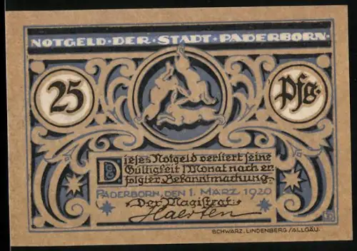Notgeld Paderborn in Westfalen 1920, 25 Pf, Drei Hasen und Porträt eines Bischofs