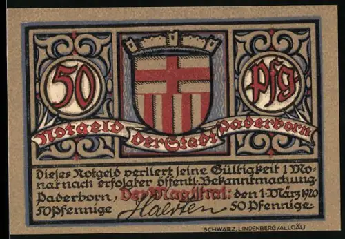 Notgeld Paderborn 1920, 50 Pfennig, Stadtwappen und historisches Gebäude
