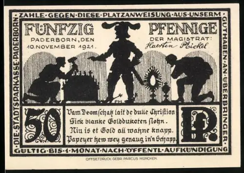Notgeld Paderborn 1921, 50 Pfennig, Silhouetten und Friedhof des Domes