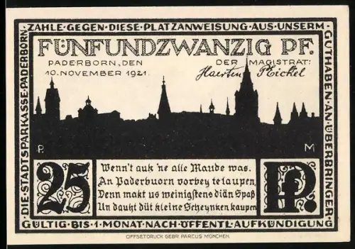 Notgeld Paderborn 1921, 25 Pf, Stadtsilhouette und historische Strasse