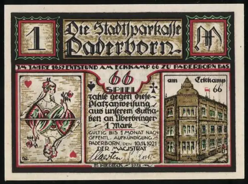 Notgeld Paderborn 1921, 1 Mark, Spielkarten und Gebäude am Eckkamp 66