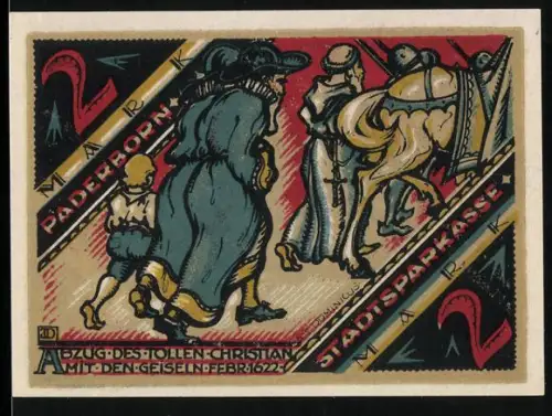 Notgeld Paderborn, 2 Mark, Abzug des tollen Christian mit Geisel und Münzen