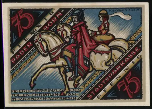 Notgeld Paderborn, 75 Pfennig, feierlicher Einzug des Tollen Christian und zwei Wappen mit Spruch