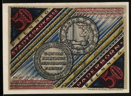 Notgeld Paderborn, 50 Pfennig, Ortsansicht, Verrat der Stadt durch Drohm 1622
