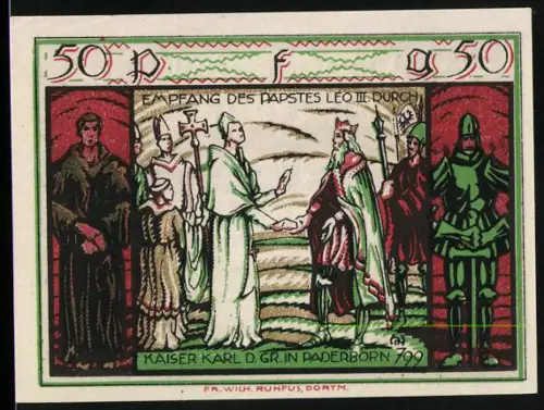 Notgeld Paderborn 1921, 50 Pfennig, Empfang Papst Leo III. durch Karl d. Gr. in Paderborn, zwei Wappen