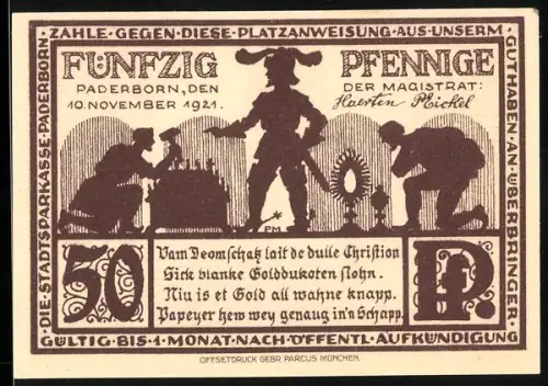 Notgeld Paderborn 1921, 50 Pfennig, Silhouetten und Domansicht von Paderborn