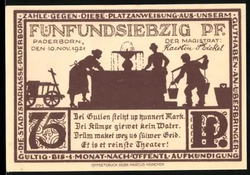Notgeld Paderborn 1921, 75 Pf, Brunnenarbeit und Paterskirche im Zentrum