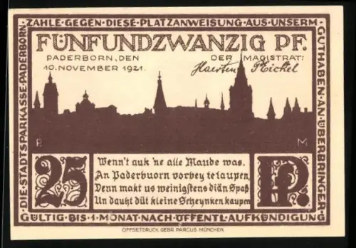 Notgeld Paderborn 1921, 25 Pf, Ortsansicht und historisches Gebäude