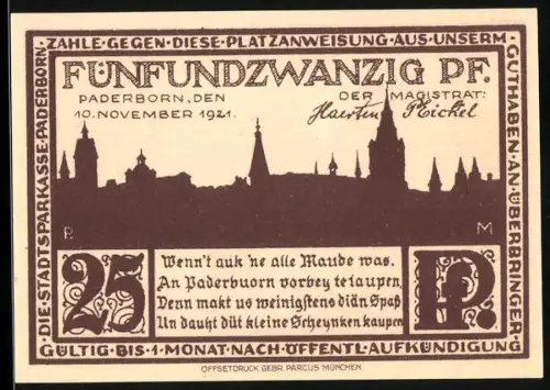 Notgeld Paderborn 1921, 25 Pf, Stadtsilhouette und Gasse mit Fachwerkhaus