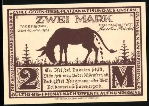 Notgeld Paderborn 1921, 2 Mark, Esel und Eselgasse-Motiv