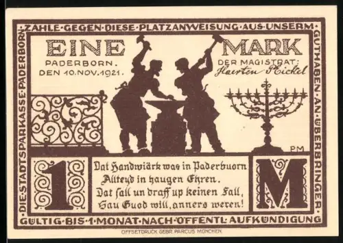 Notgeld Paderborn 1921, 1 Mark, Schmiede und Haus Levermann